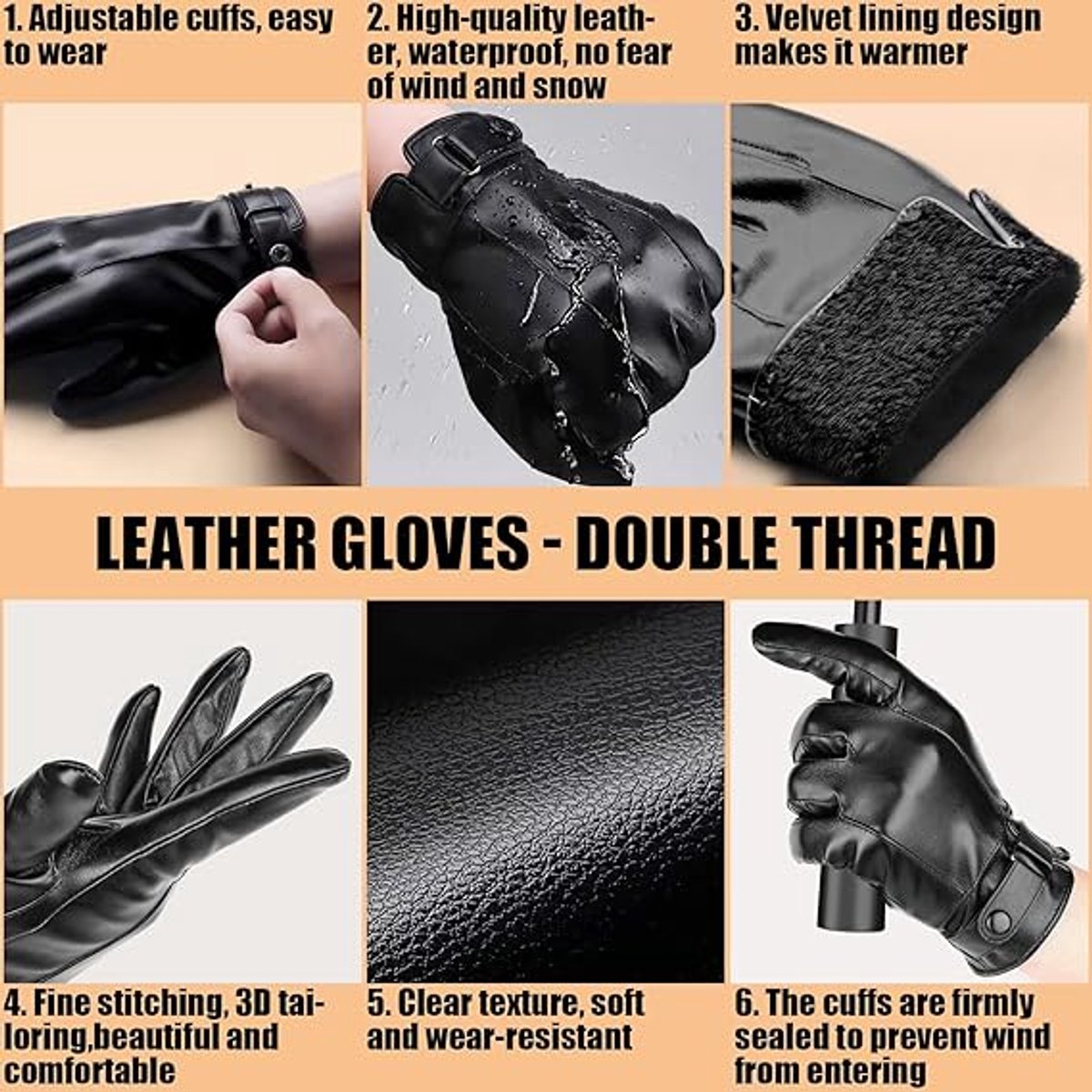 Gloves - Cycling Gloves - Winter Cycling Gloves - Touchscreen Gloves - Men's Leather Gloves - Winter Gloves - Winter and Outdoor Sports - Warm and Stylish Gloves - Cycling - Touchscreen - Black - Image 5