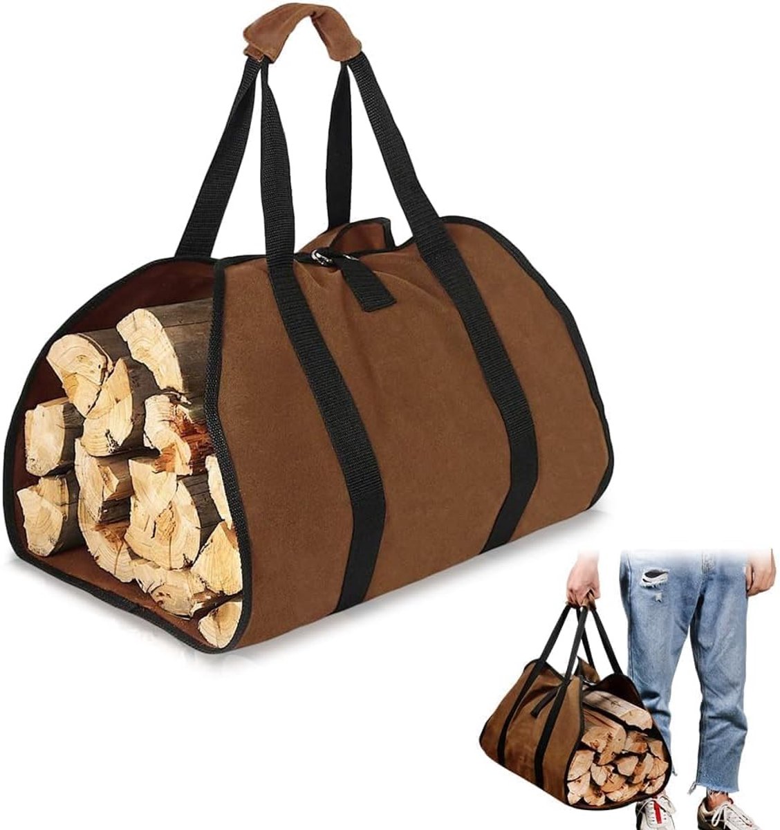 Firewood bag - Firewood sack - Firewood bag - Firewood carrying bag - Firewood carrying bag - Outdoor camping wood bag - large waterproof carrying bag - with non-slip handles - storage bag - firewood storage - for wood stoves and camping - 46*98 cm - brow - Image 1