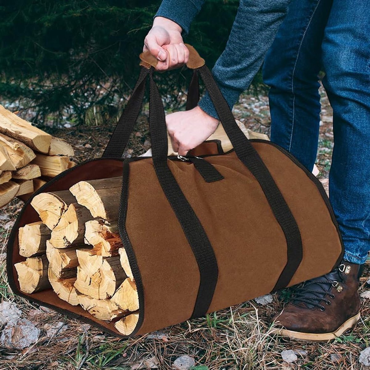 Firewood bag - Firewood sack - Firewood bag - Firewood carrying bag - Firewood carrying bag - Outdoor camping wood bag - large waterproof carrying bag - with non-slip handles - storage bag - firewood storage - for wood stoves and camping - 46*98 cm - brow - Image 2