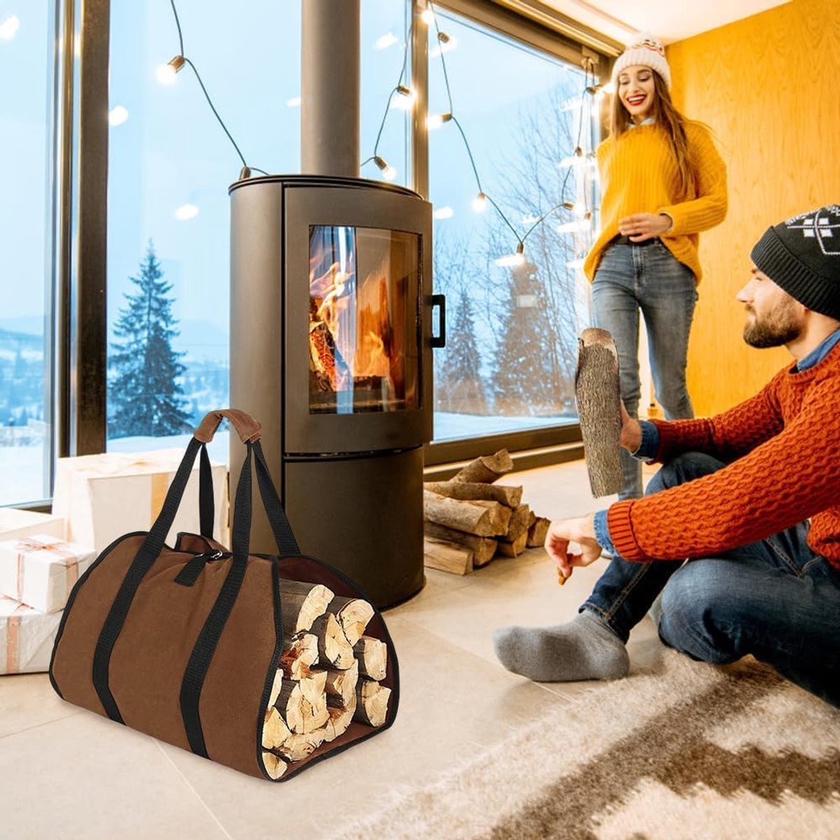 Firewood bag - Firewood sack - Firewood bag - Firewood carrying bag - Firewood carrying bag - Outdoor camping wood bag - large waterproof carrying bag - with non-slip handles - storage bag - firewood storage - for wood stoves and camping - 46*98 cm - brow - Image 3