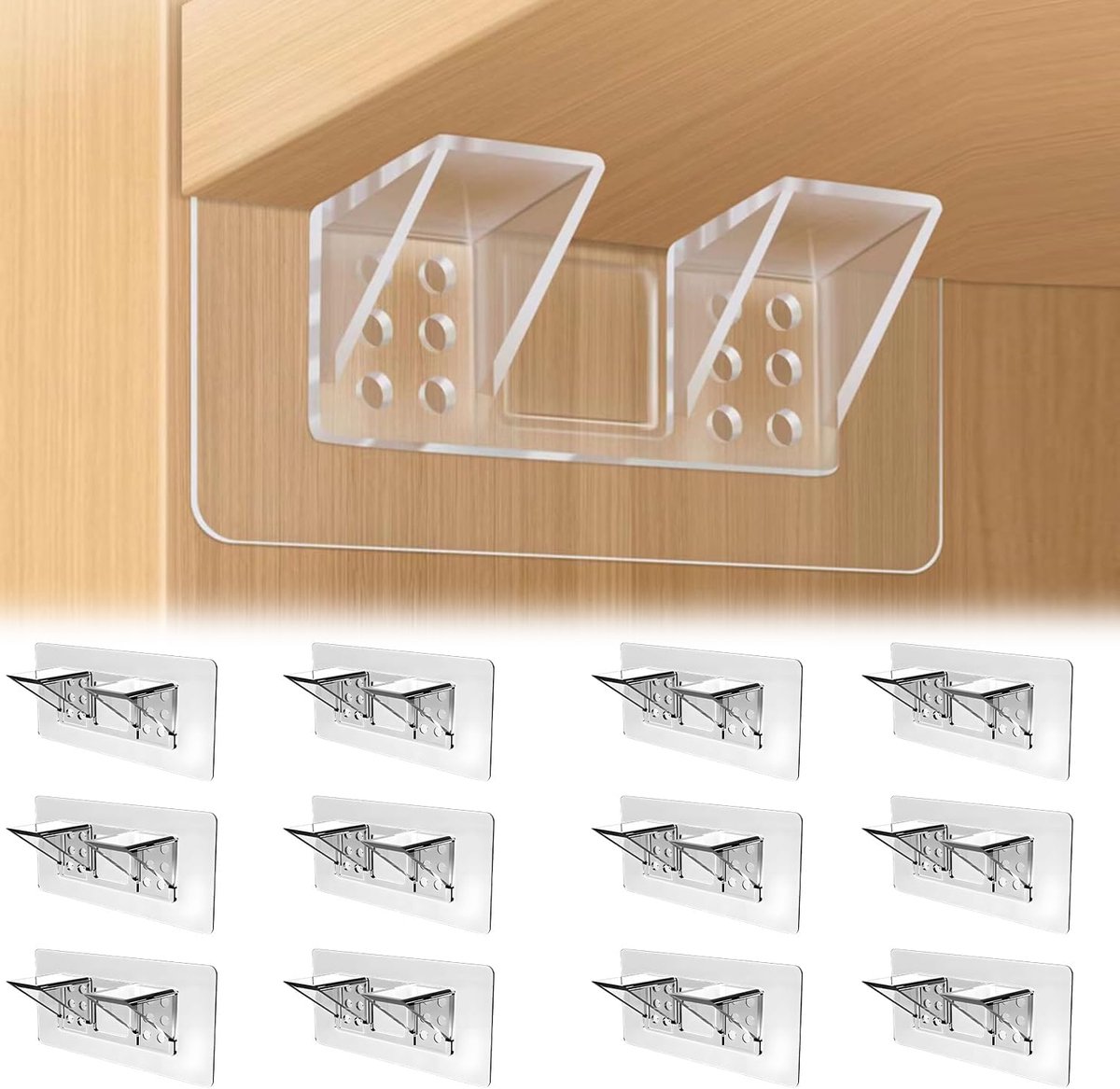 12 pieces Shelf brackets - Wall mounting brackets - punch-free shelf brackets - Transparent shelf brackets - Wall shelf bottom brackets - self-adhesive support shelf bracket - Shelf brackets - for kitchen cabinet shelves bookcase - Image 1
