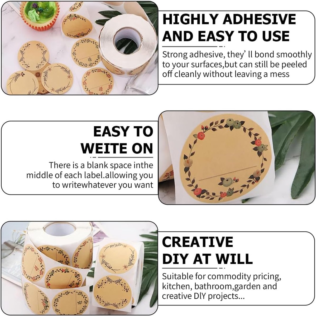 500 pieces - Labels - Jar Labels - jam labels - gift stickers - household labels - kraft paper stickers - writable - floral design - self-adhesive - for jam jars, spice jars, bottles, gift bags and Thanksgiving gifts - 50mm - Image 4
