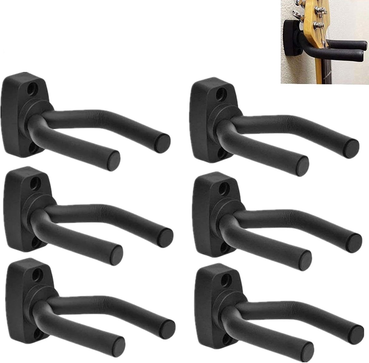 Guitar Wall Mount - 6 Pieces - Guitar Wall Holder - Guitar Stand - Guitar Hanger - Wall Bracket - Black Guitar Stand with Screws - Hook - Easy to Install - Adjustable - Suitable for All Sizes of Guitars, Bass, Mandolin, Banjo, Ukulele - Image 1