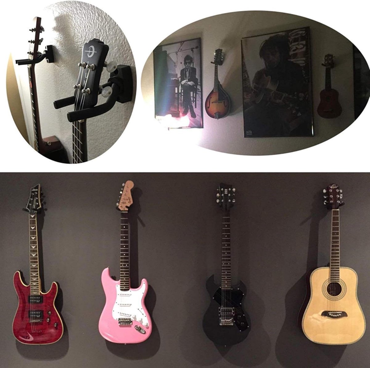 Guitar Wall Mount - 6 Pieces - Guitar Wall Holder - Guitar Stand - Guitar Hanger - Wall Bracket - Black Guitar Stand with Screws - Hook - Easy to Install - Adjustable - Suitable for All Sizes of Guitars, Bass, Mandolin, Banjo, Ukulele - Image 2