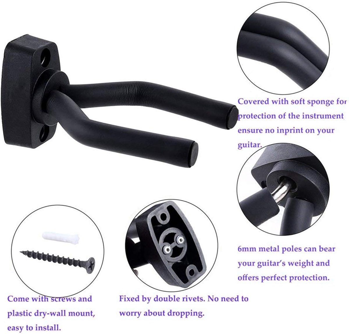 Guitar Wall Mount - 6 Pieces - Guitar Wall Holder - Guitar Stand - Guitar Hanger - Wall Bracket - Black Guitar Stand with Screws - Hook - Easy to Install - Adjustable - Suitable for All Sizes of Guitars, Bass, Mandolin, Banjo, Ukulele - Image 3