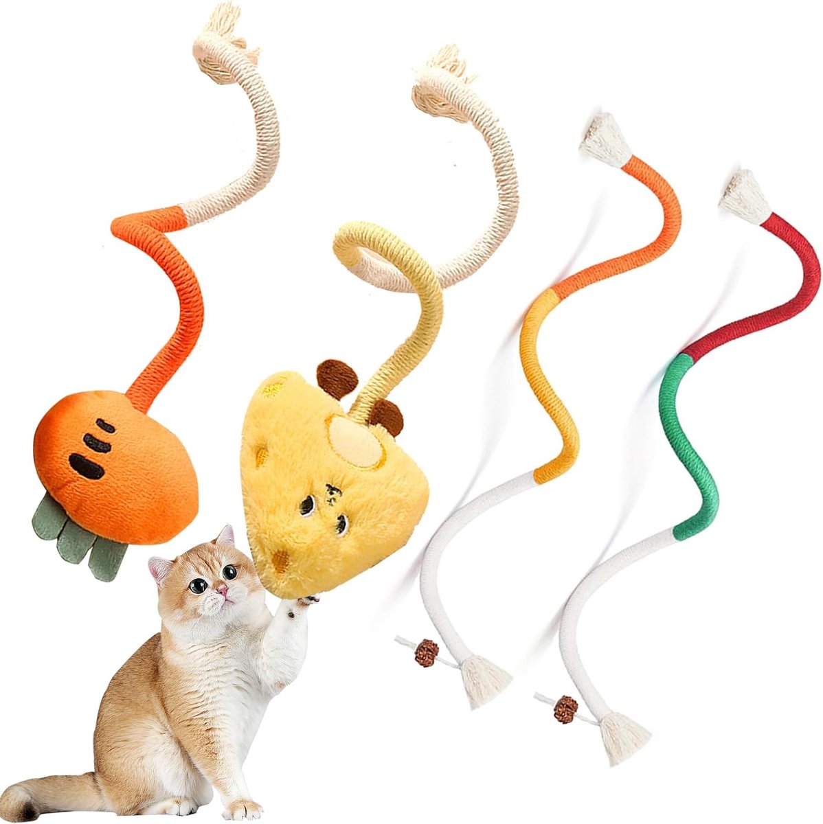 Cat Toys - 4 Pieces Cat Teeth Cleaning Toys - Cat Toy Chew Ropes - Toys For Cats - Indoor/Outdoor Interactive Ropes & Catnip Toys - with Catnip - for Self-Playing Adults & Kittens, Yellow & Orange - Image 1