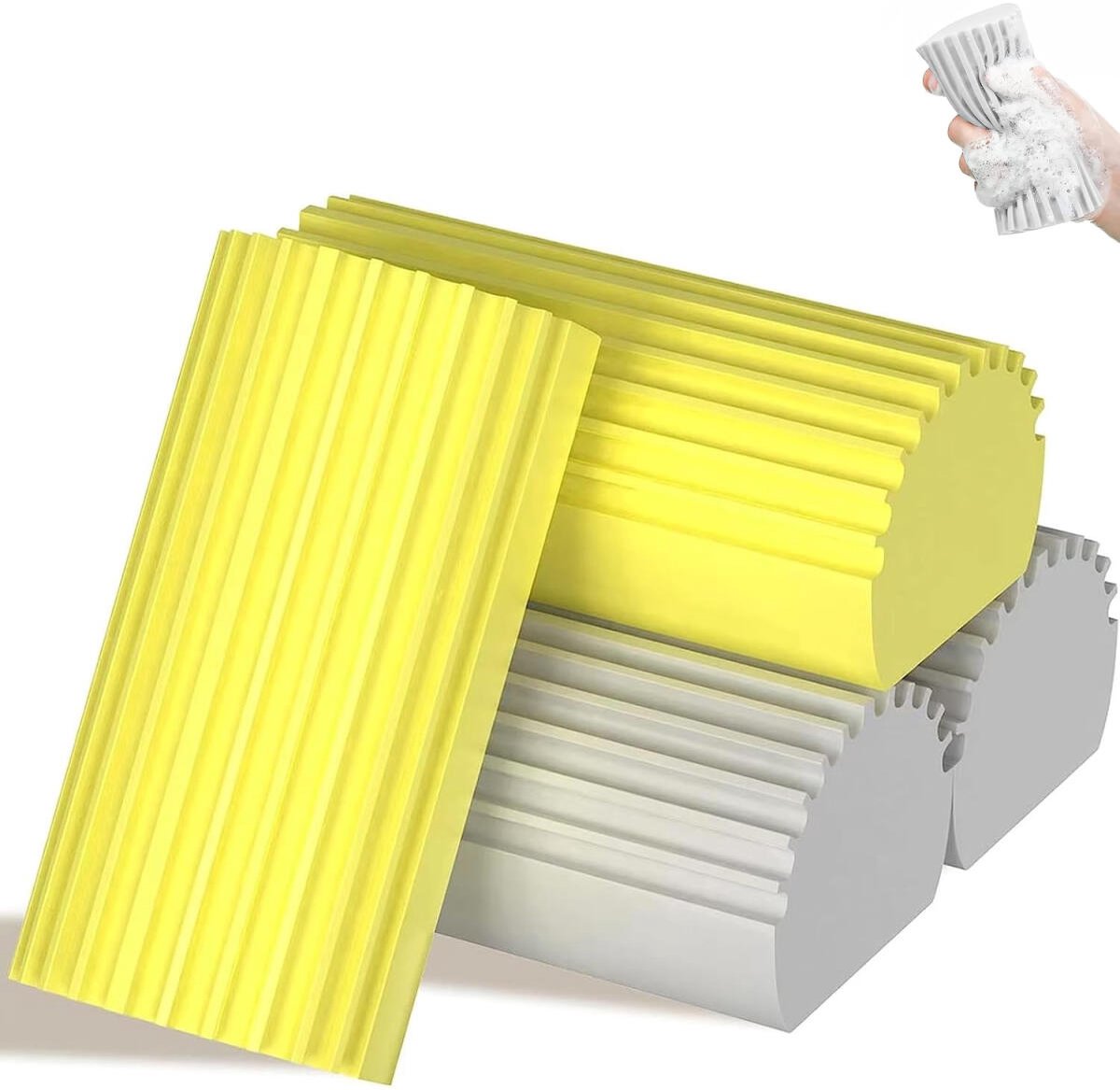 4 pieces - Cleaning sponge - Magic sponge - Duster sponge - Kitchen sponge - Cleaning brush - Cleaning tool - reusable - for cleaning curtains, glass, basements, mirrors and windows - grey, yellow - Image 1