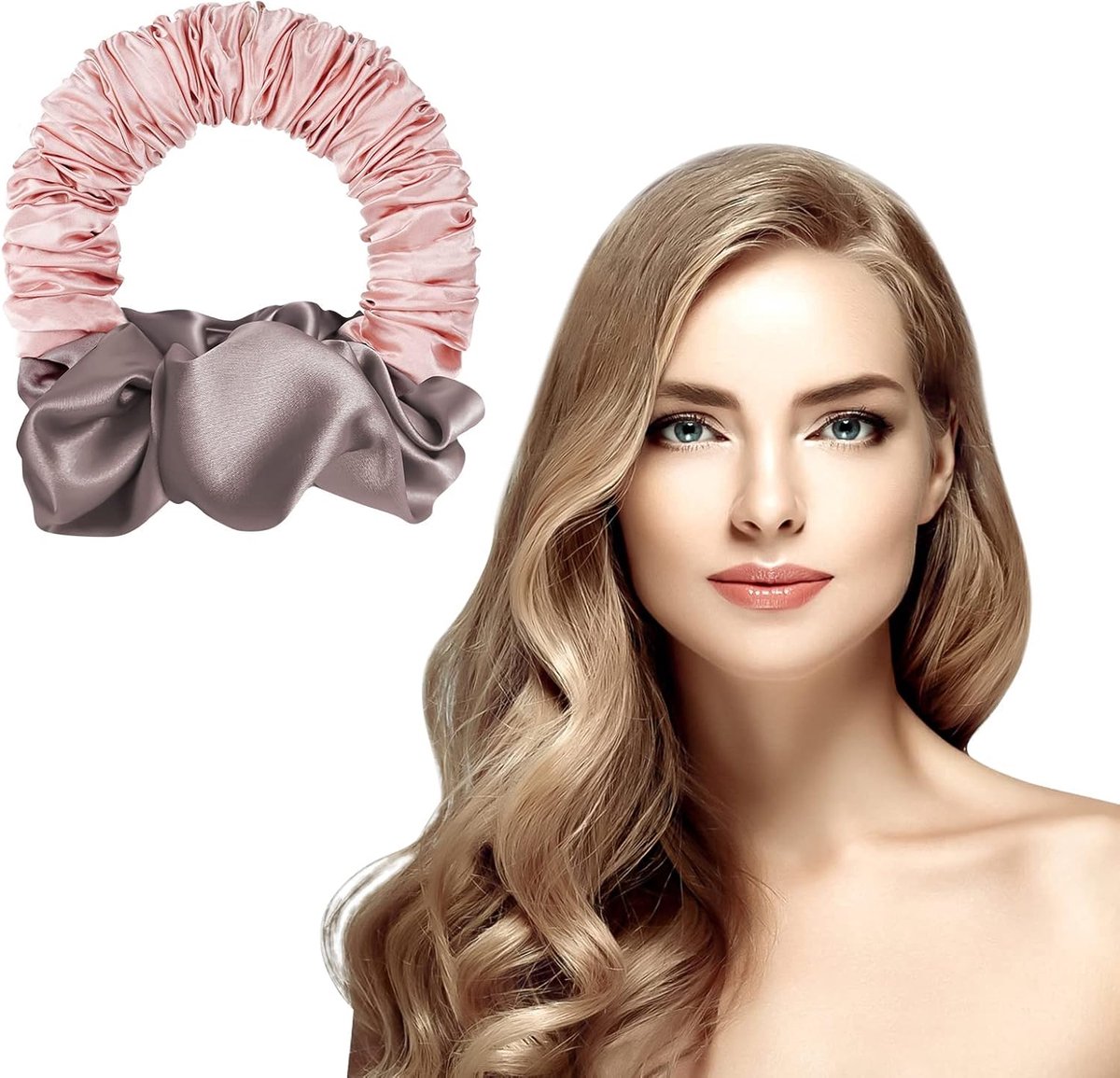 Heatless Curls - Hair curler - hair rollers - Curlers without heat - soft sleep curl scrunchie - for long, medium-length hair - hair curler without heat - satin night curler - lazy scrunchie - DIY hair styling tools - pink - Ø 18cm - Image 1
