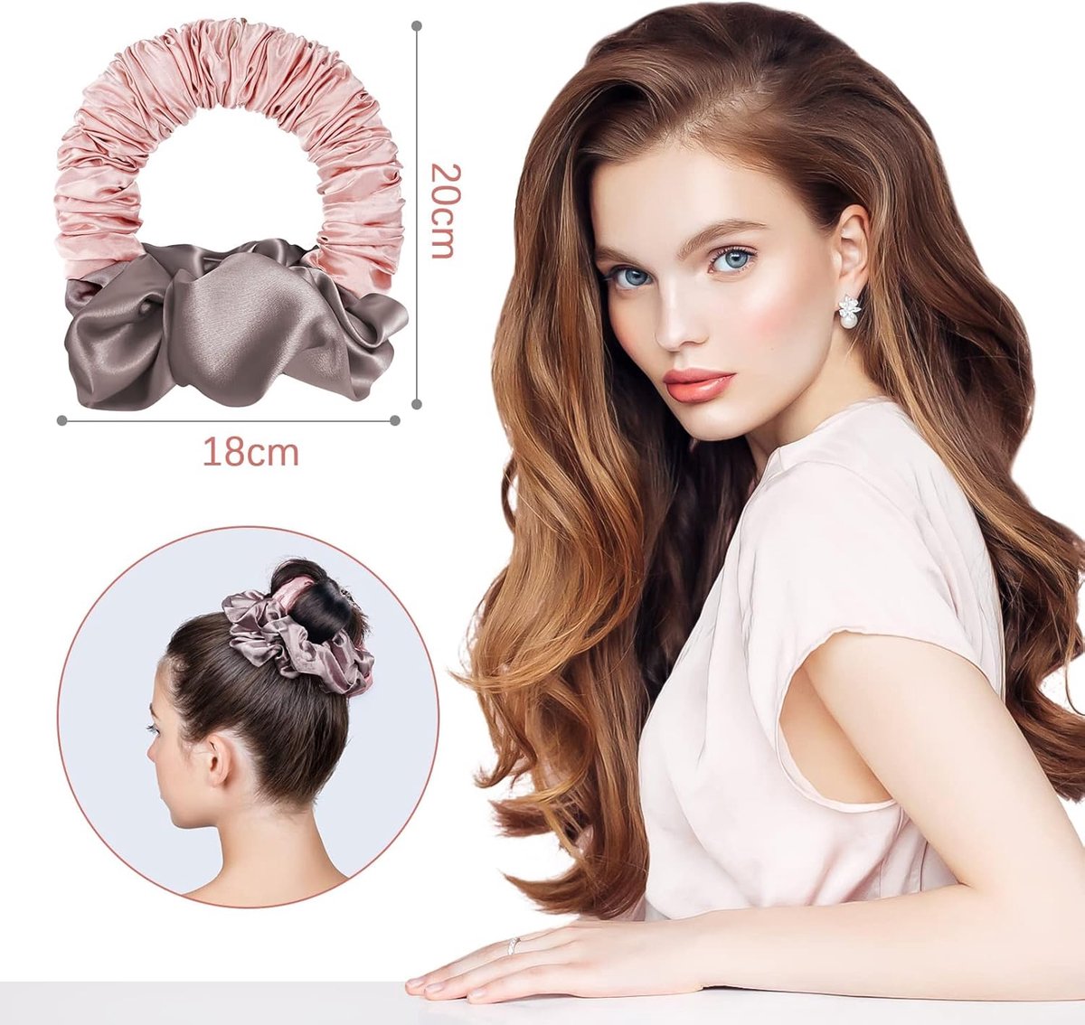 Heatless Curls - Hair curler - hair rollers - Curlers without heat - soft sleep curl scrunchie - for long, medium-length hair - hair curler without heat - satin night curler - lazy scrunchie - DIY hair styling tools - pink - Ø 18cm - Image 5