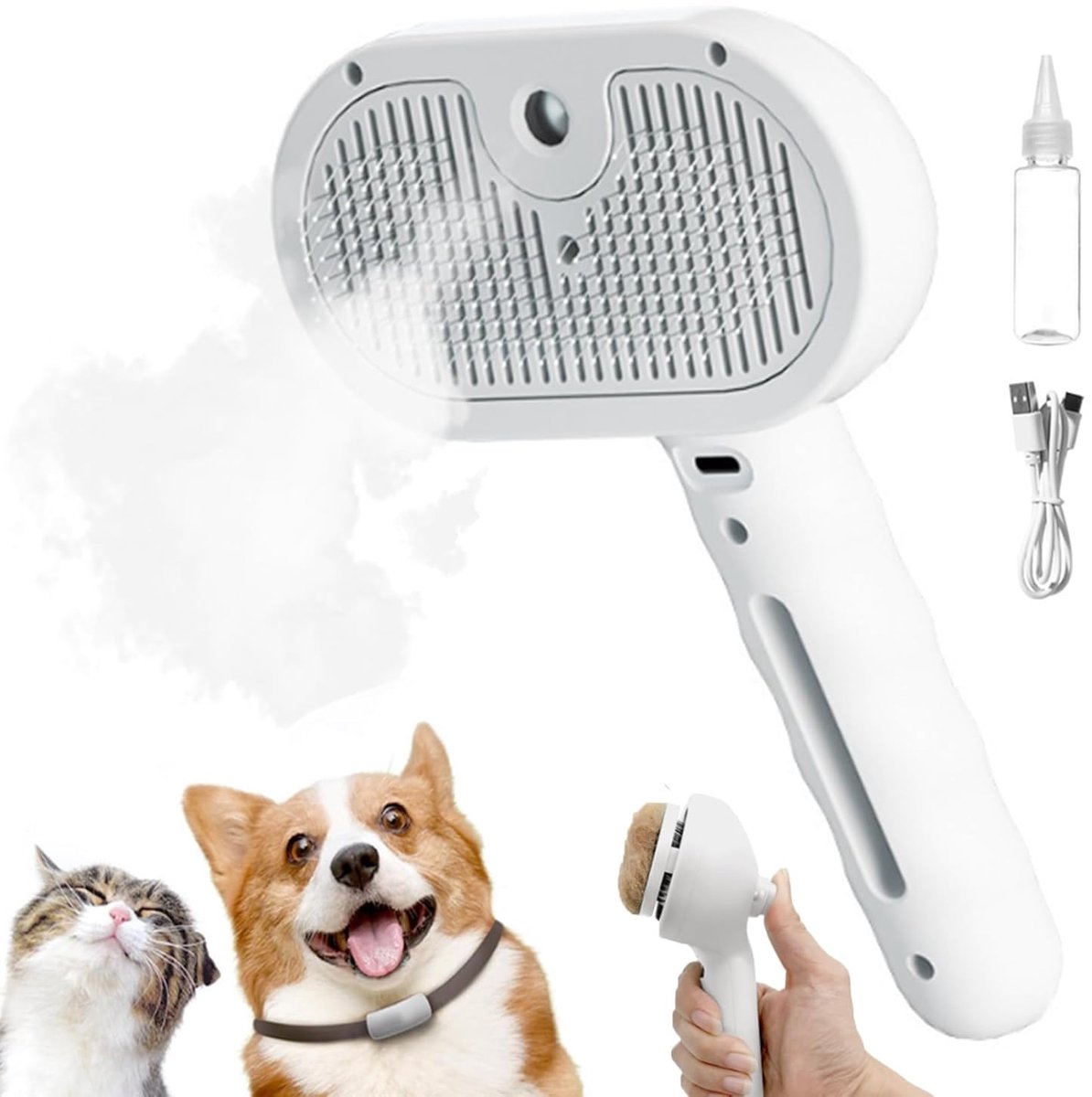 Cat Steam Brush - Dog Steam Brush - 3 in 1 Pet Spray Shedding Comb for Cats and Dogs - Dog Steam Brush - Pet Grooming Brush with Spray - Cat Steam Brush - Pets - Dog Brush - for Shedding & Grooming - White - Image 1