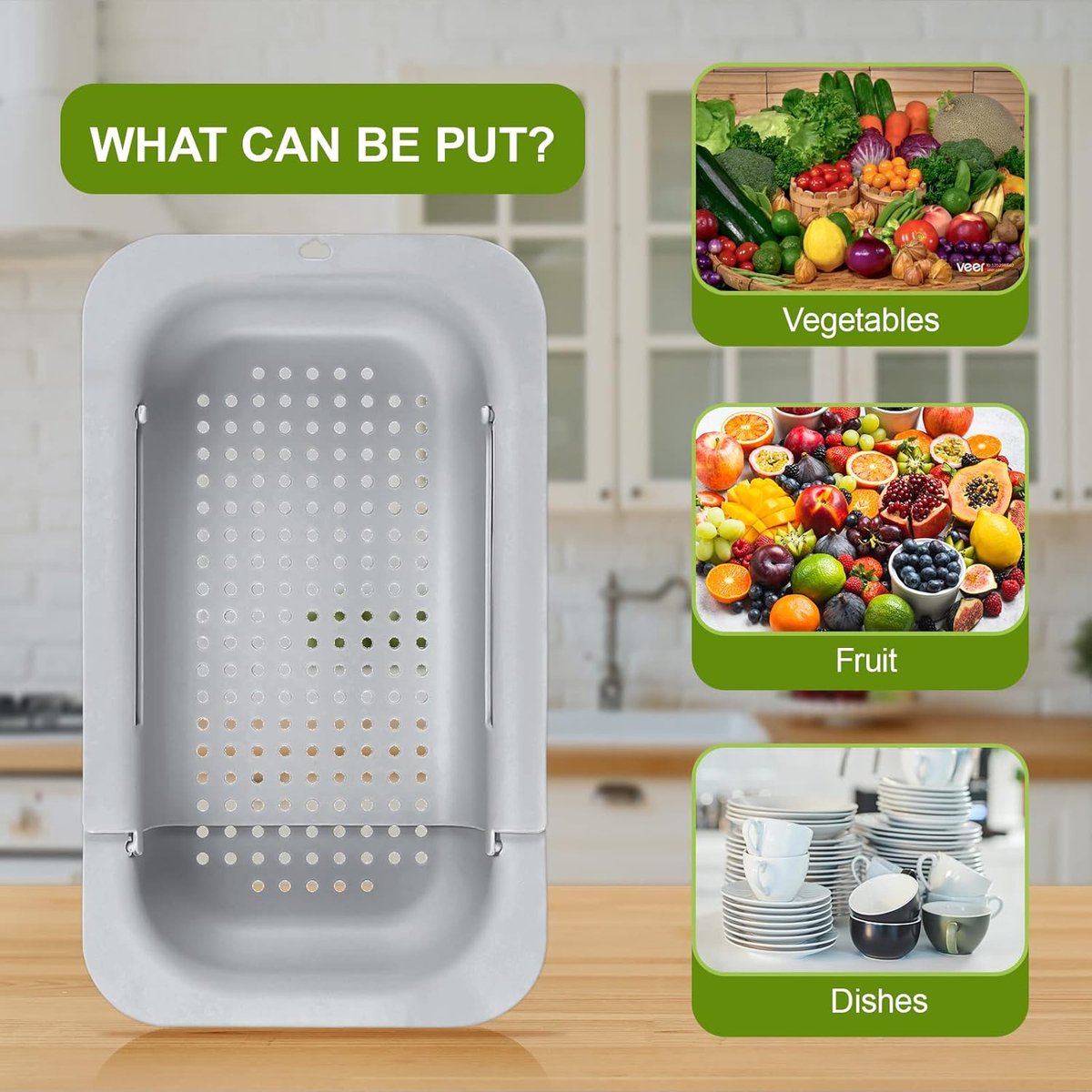 Sink drain basket - Strainer - Washing vegetables and fruit - Draining cooked pasta and drying dishes - Extendable and telescopic - New kitchen accessories for the home - Grey - Image 2