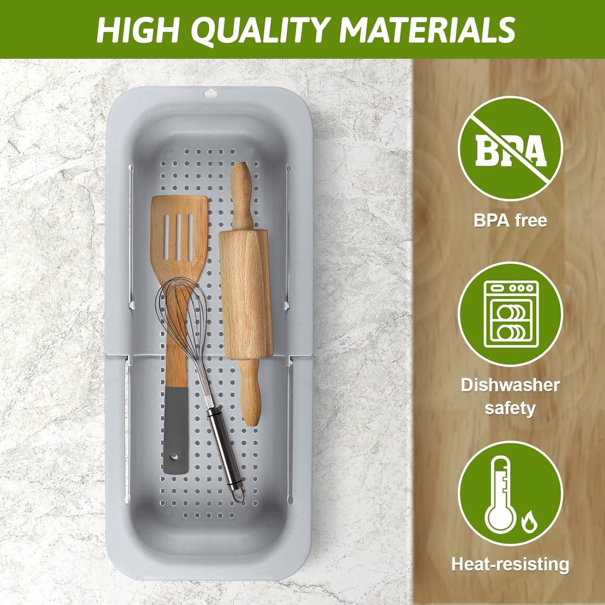 Sink drain basket - Strainer - Washing vegetables and fruit - Draining cooked pasta and drying dishes - Extendable and telescopic - New kitchen accessories for the home - Grey - Image 3
