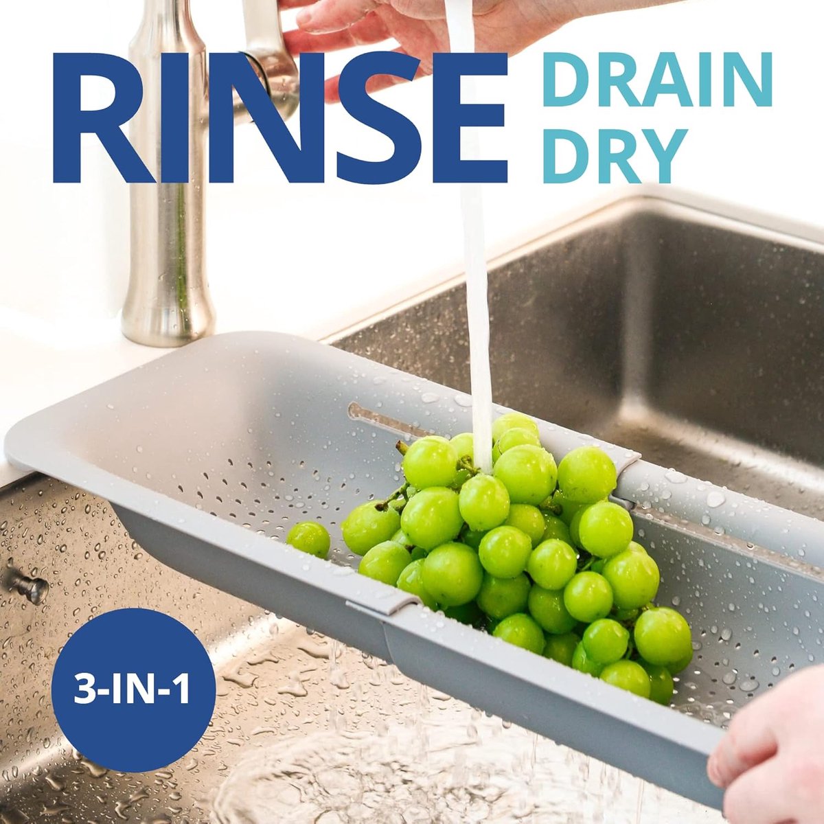 Sink drain basket - Strainer - Washing vegetables and fruit - Draining cooked pasta and drying dishes - Extendable and telescopic - New kitchen accessories for the home - Grey - Image 4