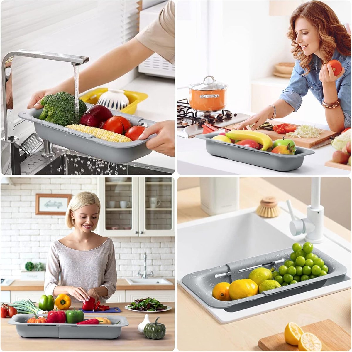 Sink drain basket - Strainer - Washing vegetables and fruit - Draining cooked pasta and drying dishes - Extendable and telescopic - New kitchen accessories for the home - Grey - Image 5