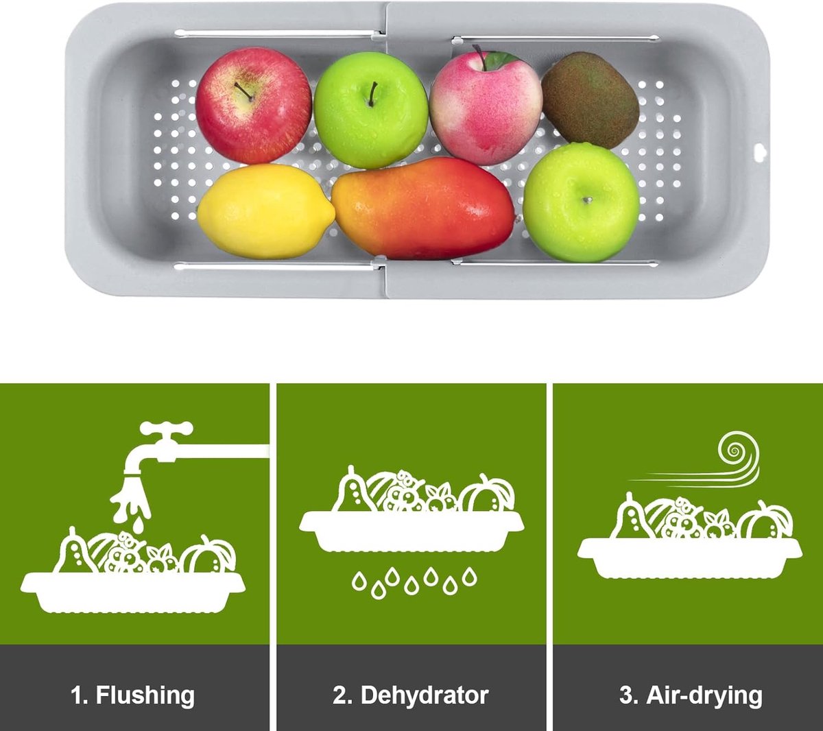 Sink drain basket - Strainer - Washing vegetables and fruit - Draining cooked pasta and drying dishes - Extendable and telescopic - New kitchen accessories for the home - Grey - Image 6