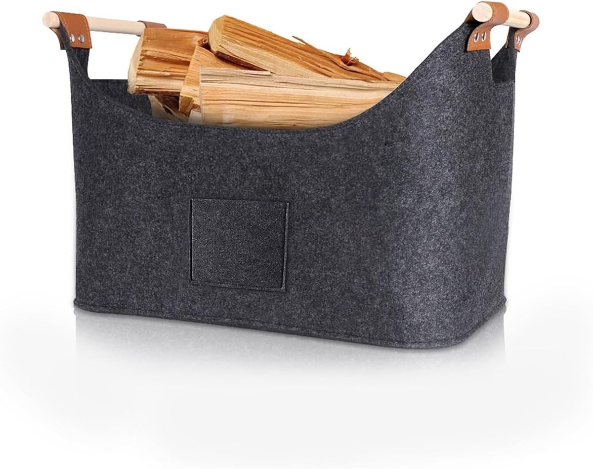 wood basket - firewood basket - storage basket - Foldable felt firewood basket with wooden handles - Fireplace Wood Basket - firewood basket - storage basket for wood, toys and books - Firewood basket - Dark grey - Image 1