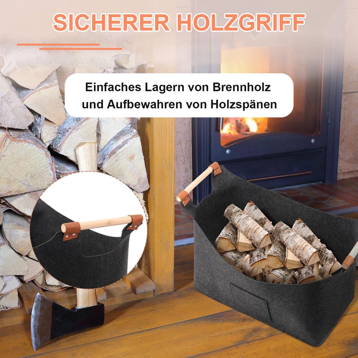 wood basket - firewood basket - storage basket - Foldable felt firewood basket with wooden handles - Fireplace Wood Basket - firewood basket - storage basket for wood, toys and books - Firewood basket - Dark grey - Image 2