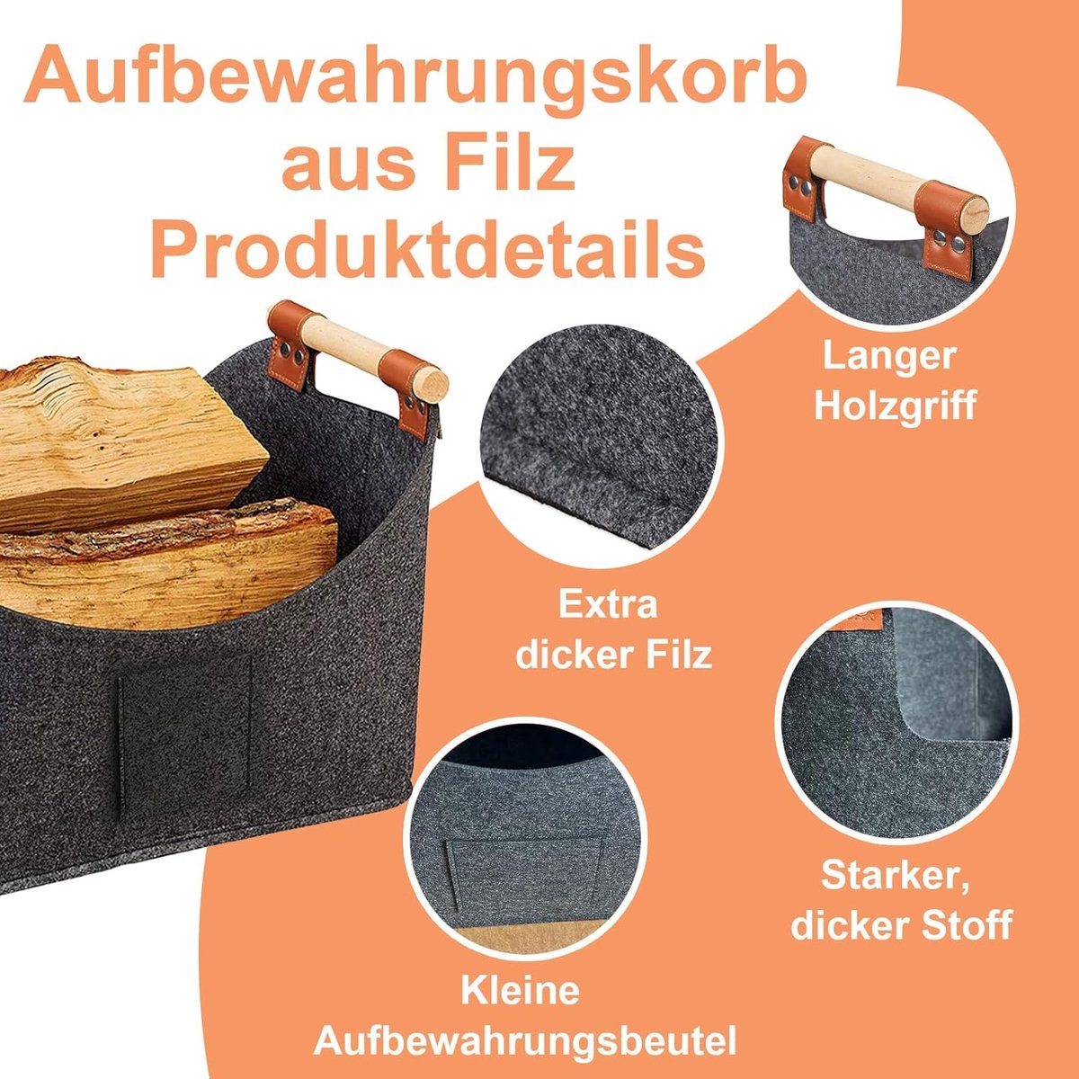 wood basket - firewood basket - storage basket - Foldable felt firewood basket with wooden handles - Fireplace Wood Basket - firewood basket - storage basket for wood, toys and books - Firewood basket - Dark grey - Image 4