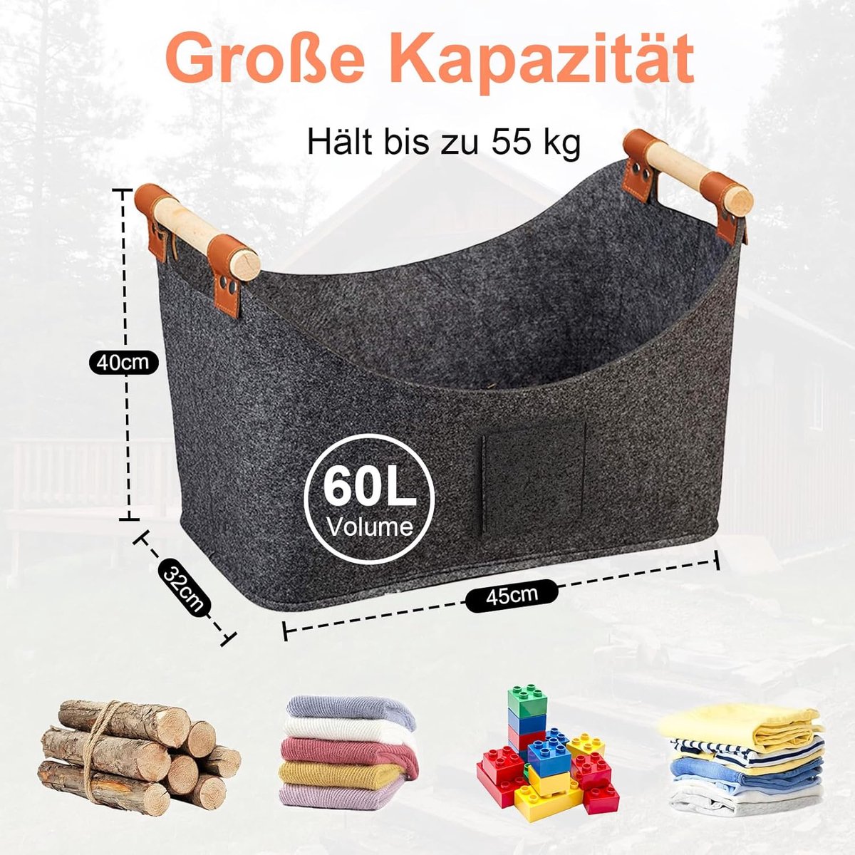 wood basket - firewood basket - storage basket - Foldable felt firewood basket with wooden handles - Fireplace Wood Basket - firewood basket - storage basket for wood, toys and books - Firewood basket - Dark grey - Image 5