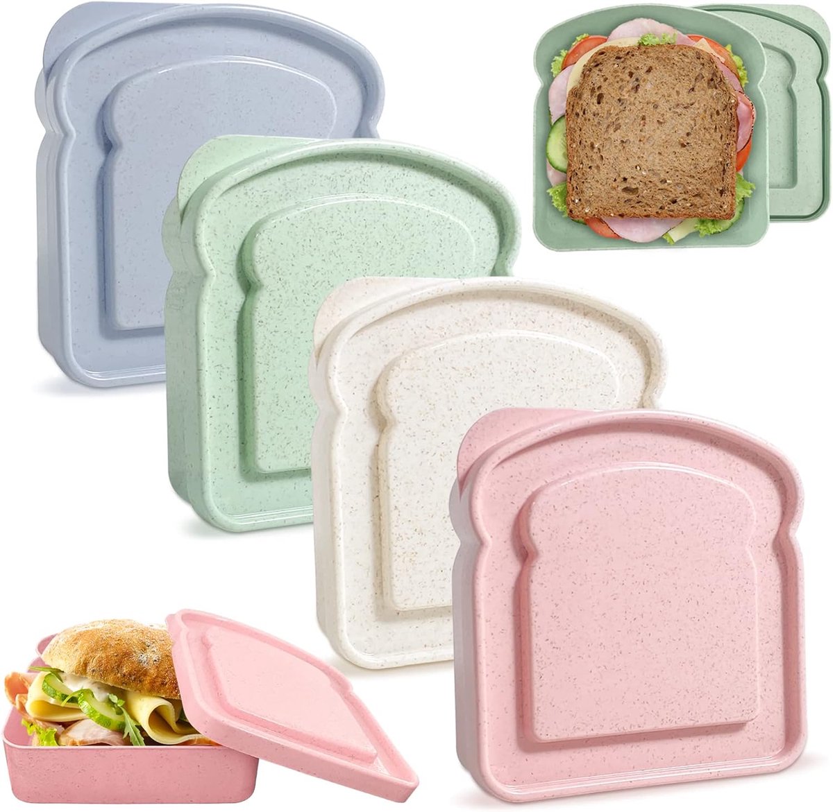 4× Food Storage Containers - Lunch Box - Meal Prep Containers - Kitchen Food Storage Container Set - Lunchboxes - Food Box - Sandwich Holder - Bread Container - Meal Prep Containers - Reusable - BPA Free - Microwave Safe - For School, Office, Camping - Image 1