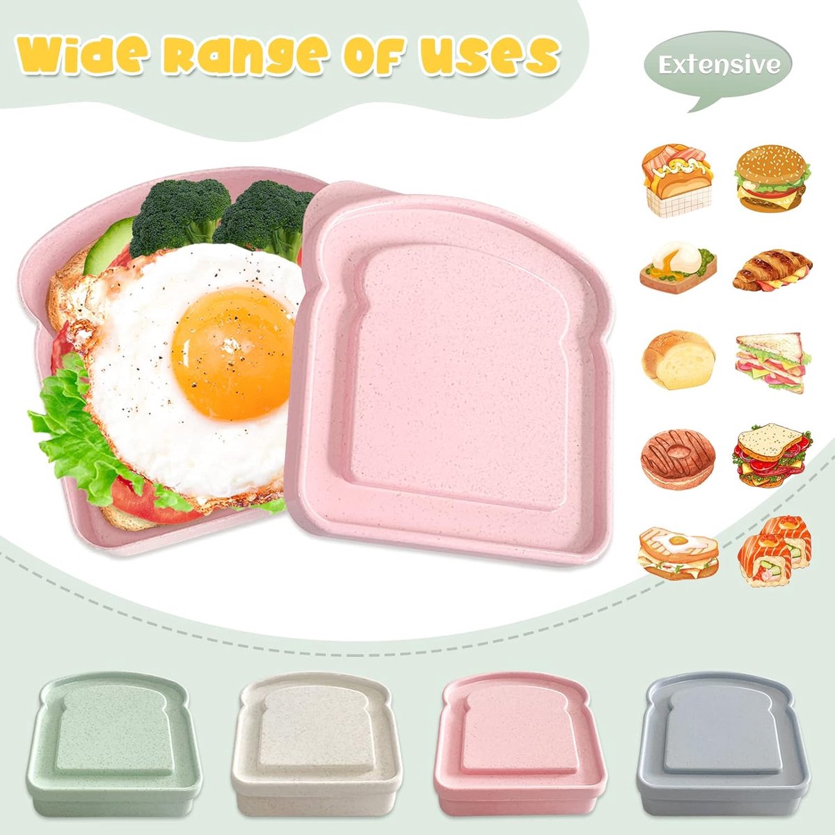 4× Food Storage Containers - Lunch Box - Meal Prep Containers - Kitchen Food Storage Container Set - Lunchboxes - Food Box - Sandwich Holder - Bread Container - Meal Prep Containers - Reusable - BPA Free - Microwave Safe - For School, Office, Camping - Image 2