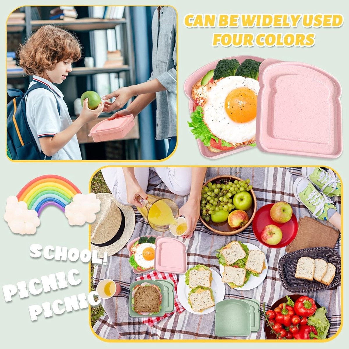 4× Food Storage Containers - Lunch Box - Meal Prep Containers - Kitchen Food Storage Container Set - Lunchboxes - Food Box - Sandwich Holder - Bread Container - Meal Prep Containers - Reusable - BPA Free - Microwave Safe - For School, Office, Camping - Image 4