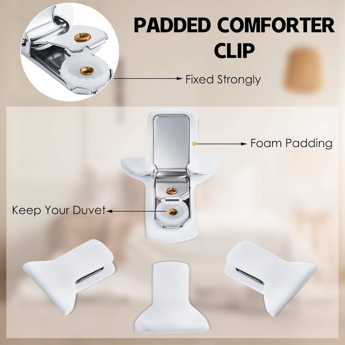 12 pieces - Duvet clips - Quilted duvet clips - with foam and metal - Duvet clamps - Duvet pegs - Clamps - Clips - Sturdy duvet clips - Bedding accessories - for duvets, blankets and sheets - white - Image 4