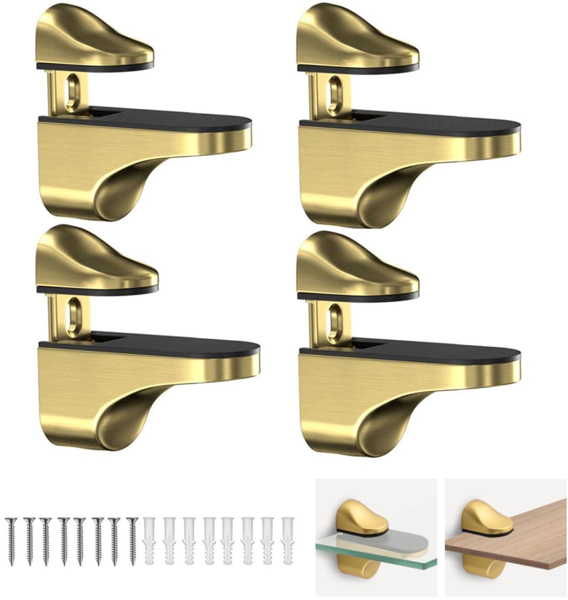 pieces - Glass clamp - Glass shelf brackets - adjustable - glass shelf bracket - fishmouth glass clip - wall mounting bracket - zinc alloy - furniture accessories - hardware accessories - with screws - for shelves of 3-20 mm thickness - 56*24*50 mm - gold - Image 1