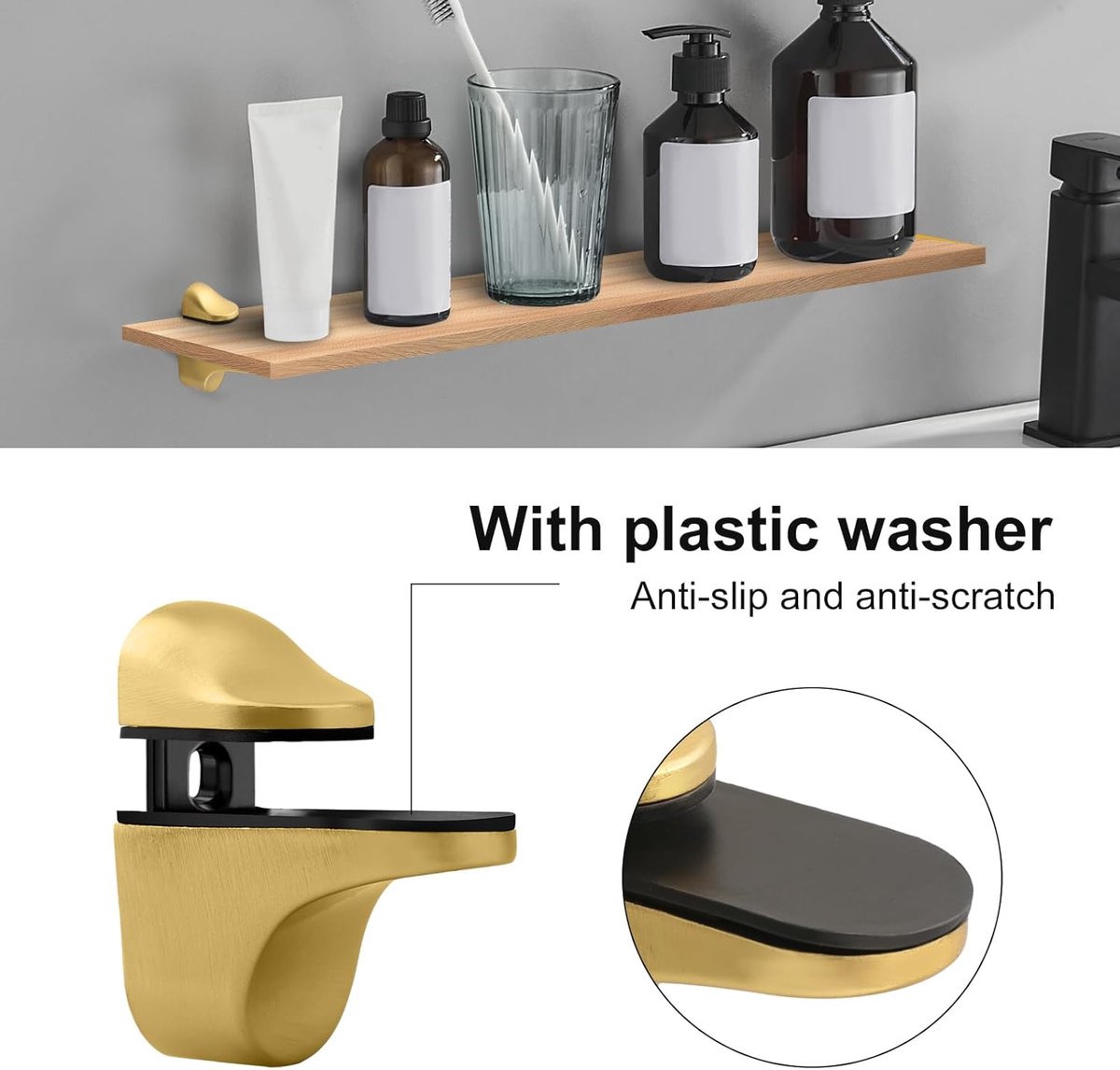 pieces - Glass clamp - Glass shelf brackets - adjustable - glass shelf bracket - fishmouth glass clip - wall mounting bracket - zinc alloy - furniture accessories - hardware accessories - with screws - for shelves of 3-20 mm thickness - 56*24*50 mm - gold - Image 3