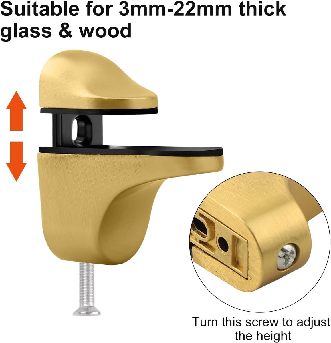 pieces - Glass clamp - Glass shelf brackets - adjustable - glass shelf bracket - fishmouth glass clip - wall mounting bracket - zinc alloy - furniture accessories - hardware accessories - with screws - for shelves of 3-20 mm thickness - 56*24*50 mm - gold - Image 4