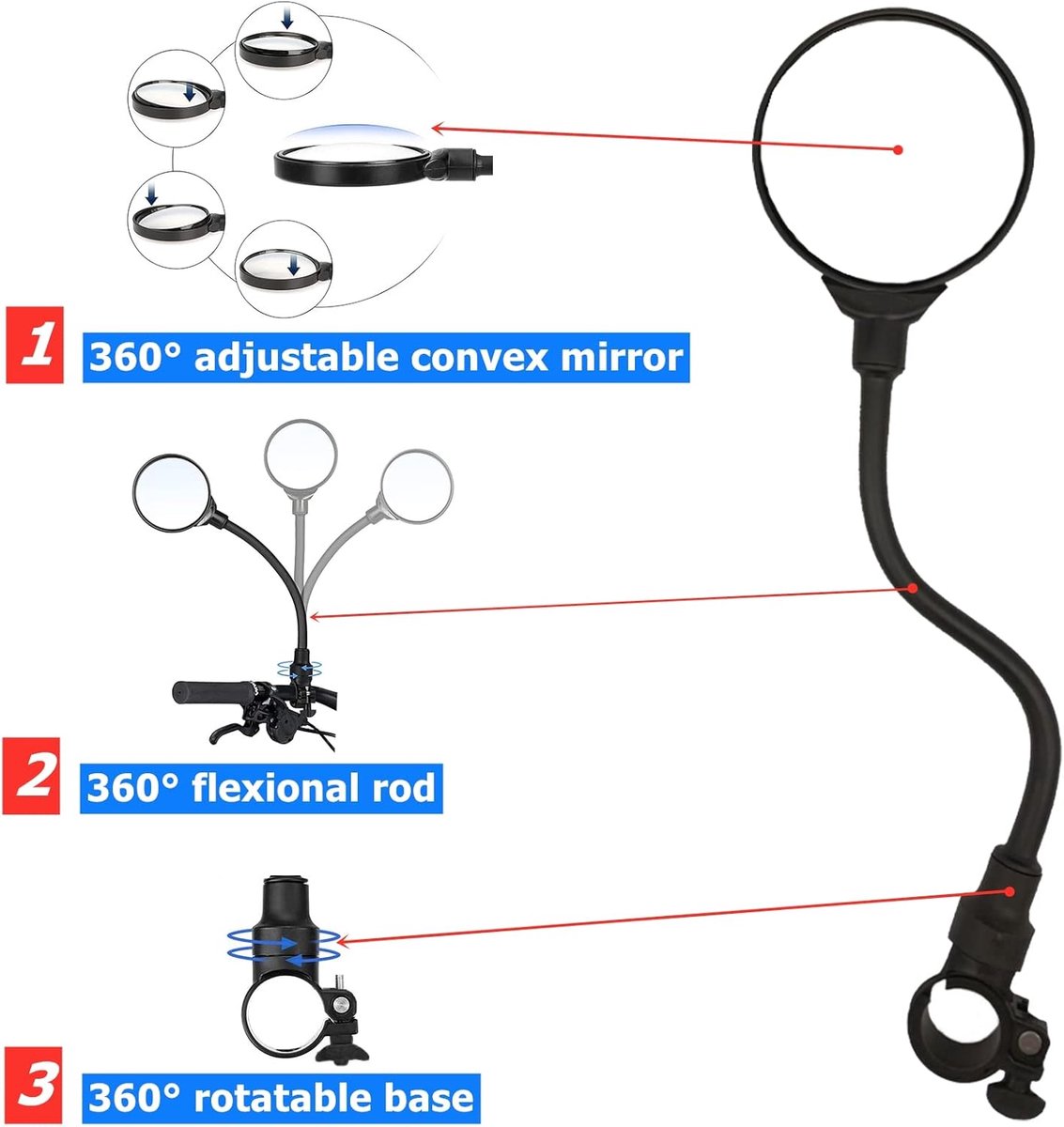 Bicycle Mirror E-bike Rearview Mirror - handlebar lens bicycle mirror - Bicycle mirror right - round mirror - safe rearview mirror for bicycle - scratch-resistant glass lens - adjustable and rotatable safe rearview mirror - 360º Rotatable - Image 5