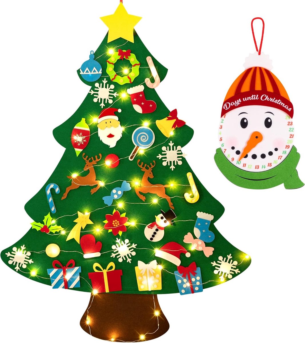 Felt Christmas tree - With Snowman advent calendar - Christmas decoration set - Felt Christmas tree for children incl. 33 ornaments - Mini Christmas tree - children's gift with string lights - Safe felt DIY tree - children's Christmas DIY wall hanging - C - Image 1
