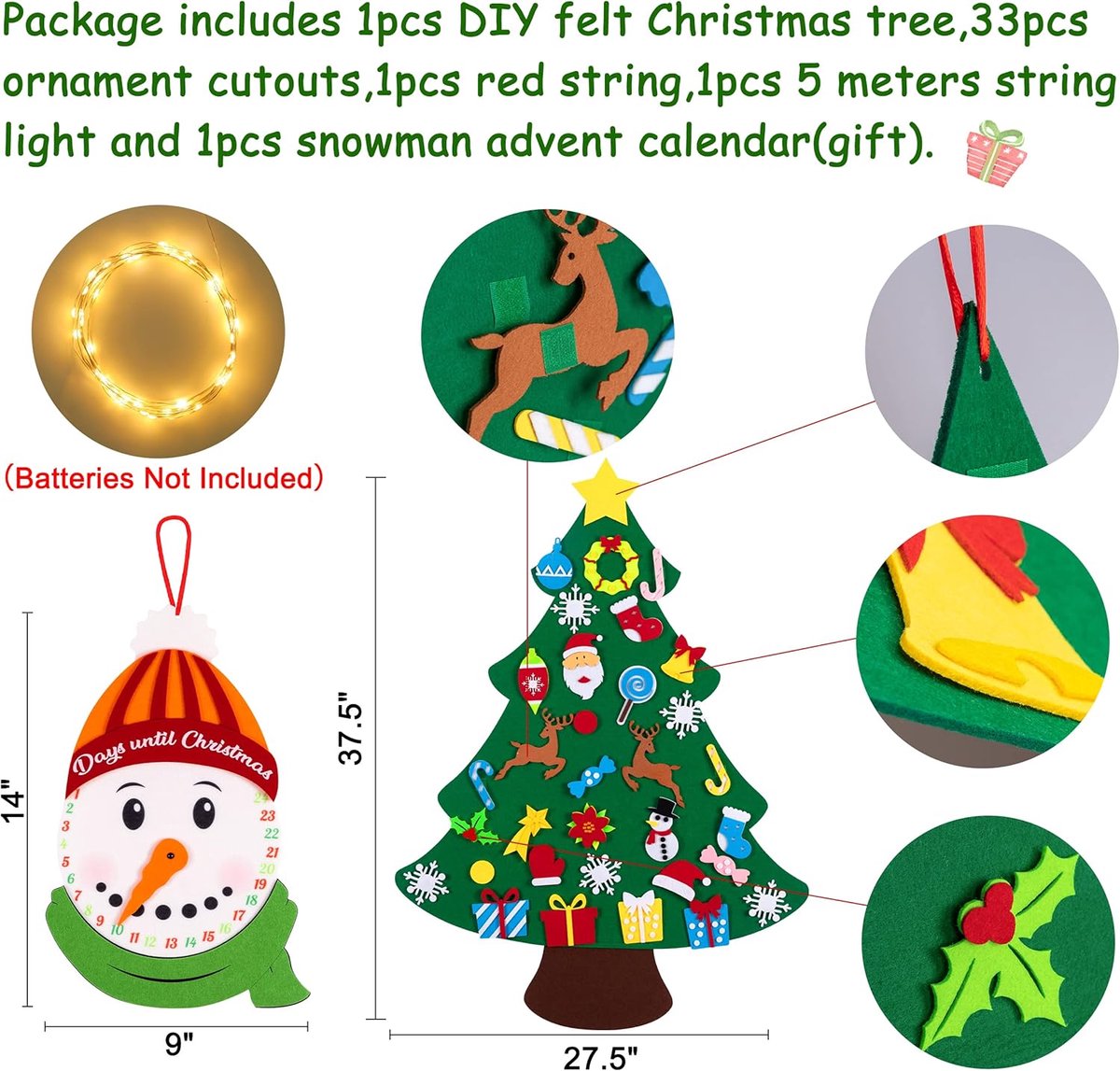Felt Christmas tree - With Snowman advent calendar - Christmas decoration set - Felt Christmas tree for children incl. 33 ornaments - Mini Christmas tree - children's gift with string lights - Safe felt DIY tree - children's Christmas DIY wall hanging - C - Image 4