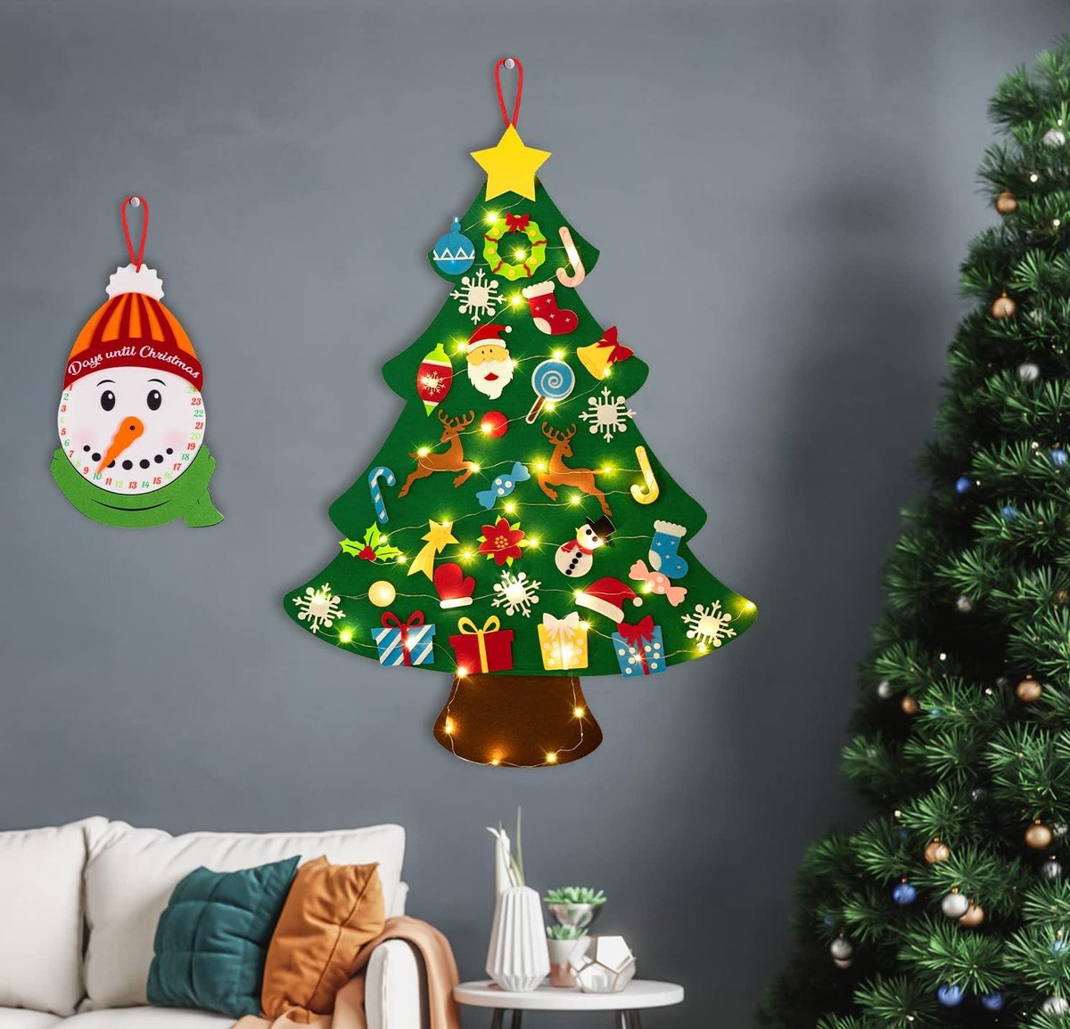 Felt Christmas tree - With Snowman advent calendar - Christmas decoration set - Felt Christmas tree for children incl. 33 ornaments - Mini Christmas tree - children's gift with string lights - Safe felt DIY tree - children's Christmas DIY wall hanging - C - Image 5
