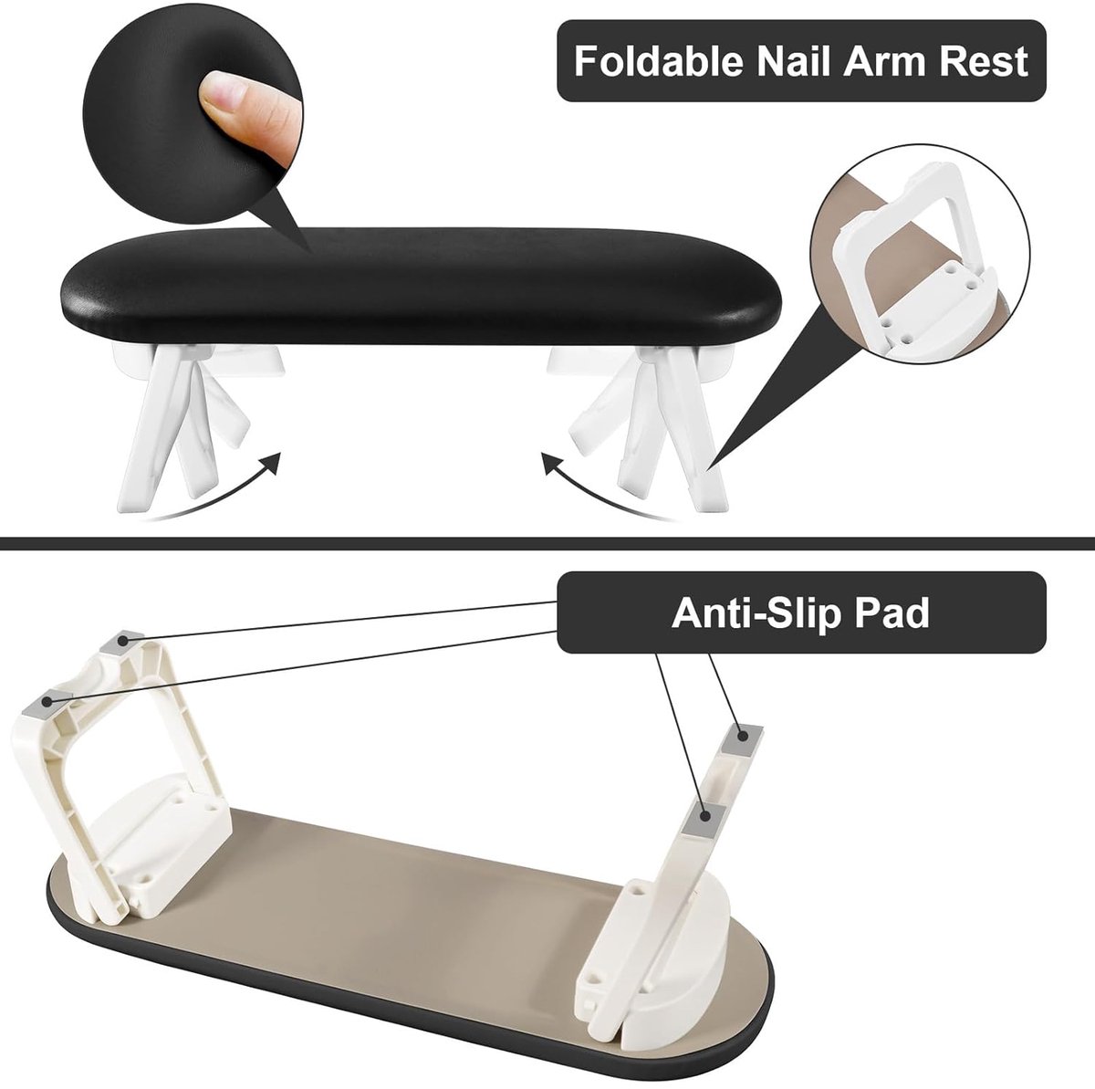 Nail Armrest - foldable - Nail Stylist Armrest - PU leather nail hand rest - with table mat - for nail technology - Nail Cushion - nail hand cushion for manicure salon use - Manicure pads - Manicure Cushion - Nail armrest cushion - Black - Image 3