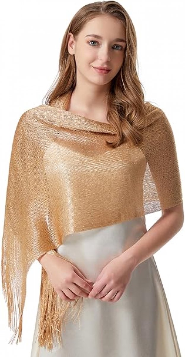 1 Shiny gold ladies' scarf - Ladies' scarf with tassels - Bridal scarf - Bridal scarf - Scarf - Tassel - For wedding ceremony, dinner and bridesmaids - Gold - 175 x 45 cm - Image 1