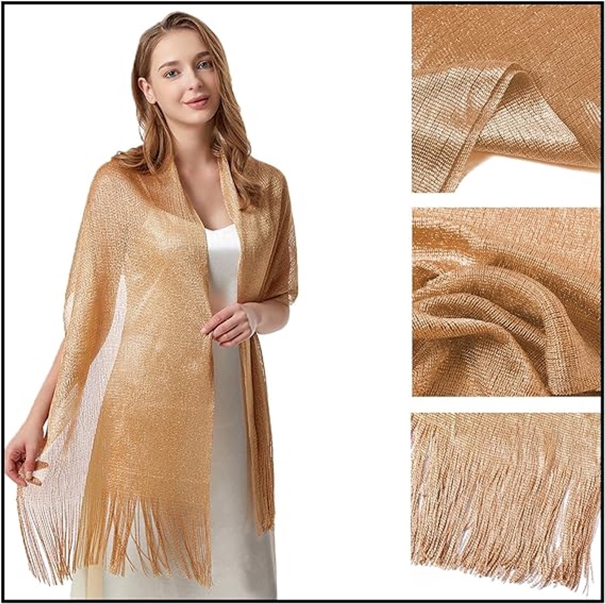 1 Shiny gold ladies' scarf - Ladies' scarf with tassels - Bridal scarf - Bridal scarf - Scarf - Tassel - For wedding ceremony, dinner and bridesmaids - Gold - 175 x 45 cm - Image 3