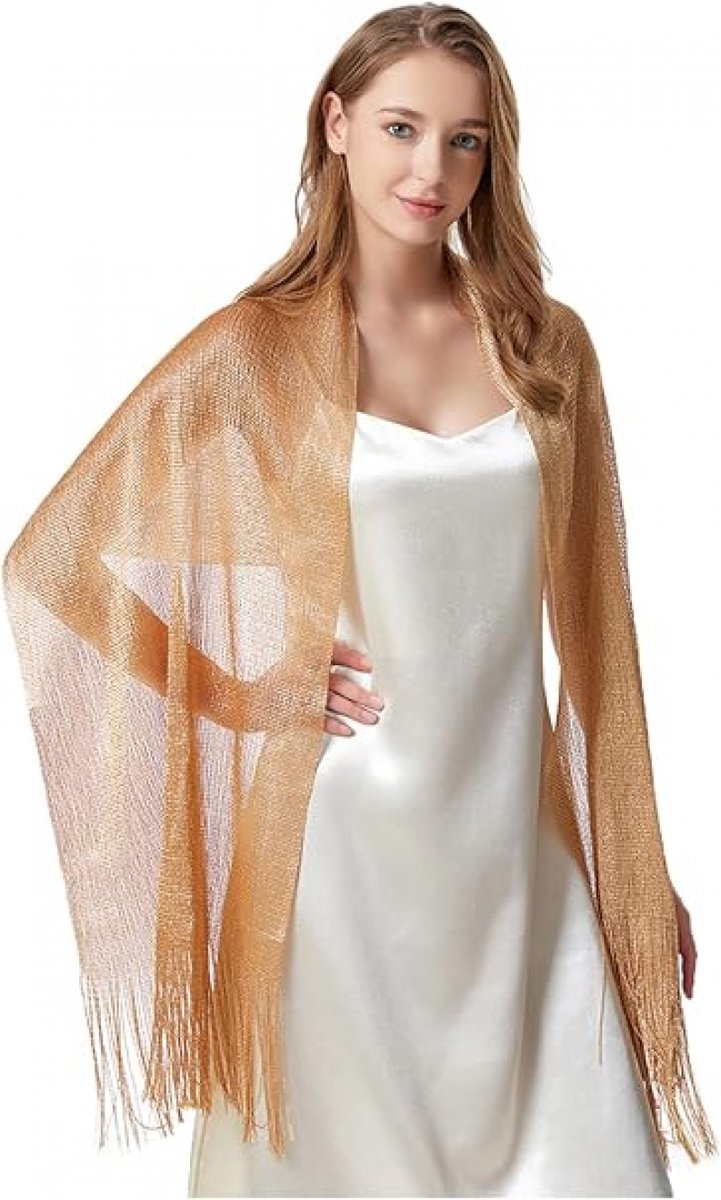 1 Shiny gold ladies' scarf - Ladies' scarf with tassels - Bridal scarf - Bridal scarf - Scarf - Tassel - For wedding ceremony, dinner and bridesmaids - Gold - 175 x 45 cm - Image 4