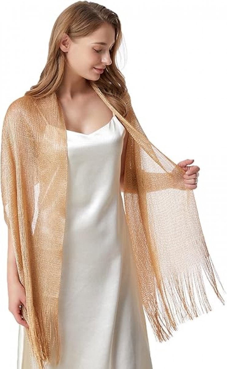 1 Shiny gold ladies' scarf - Ladies' scarf with tassels - Bridal scarf - Bridal scarf - Scarf - Tassel - For wedding ceremony, dinner and bridesmaids - Gold - 175 x 45 cm - Image 5