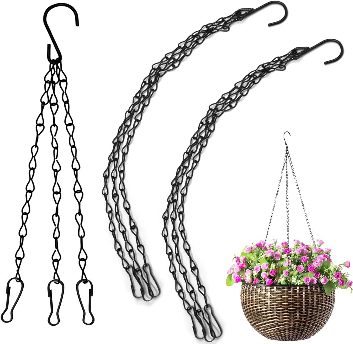 pieces - 16 inch - Plant hanger - Flowerpot hook - Lantern hook - Garden hook - Plant hook - hanging basket chains - with 3 chains - black chain with hooks - for hanging plants and flowerpots - 40 cm - black - Image 1