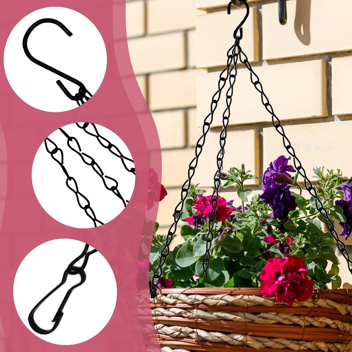 pieces - 16 inch - Plant hanger - Flowerpot hook - Lantern hook - Garden hook - Plant hook - hanging basket chains - with 3 chains - black chain with hooks - for hanging plants and flowerpots - 40 cm - black - Image 4