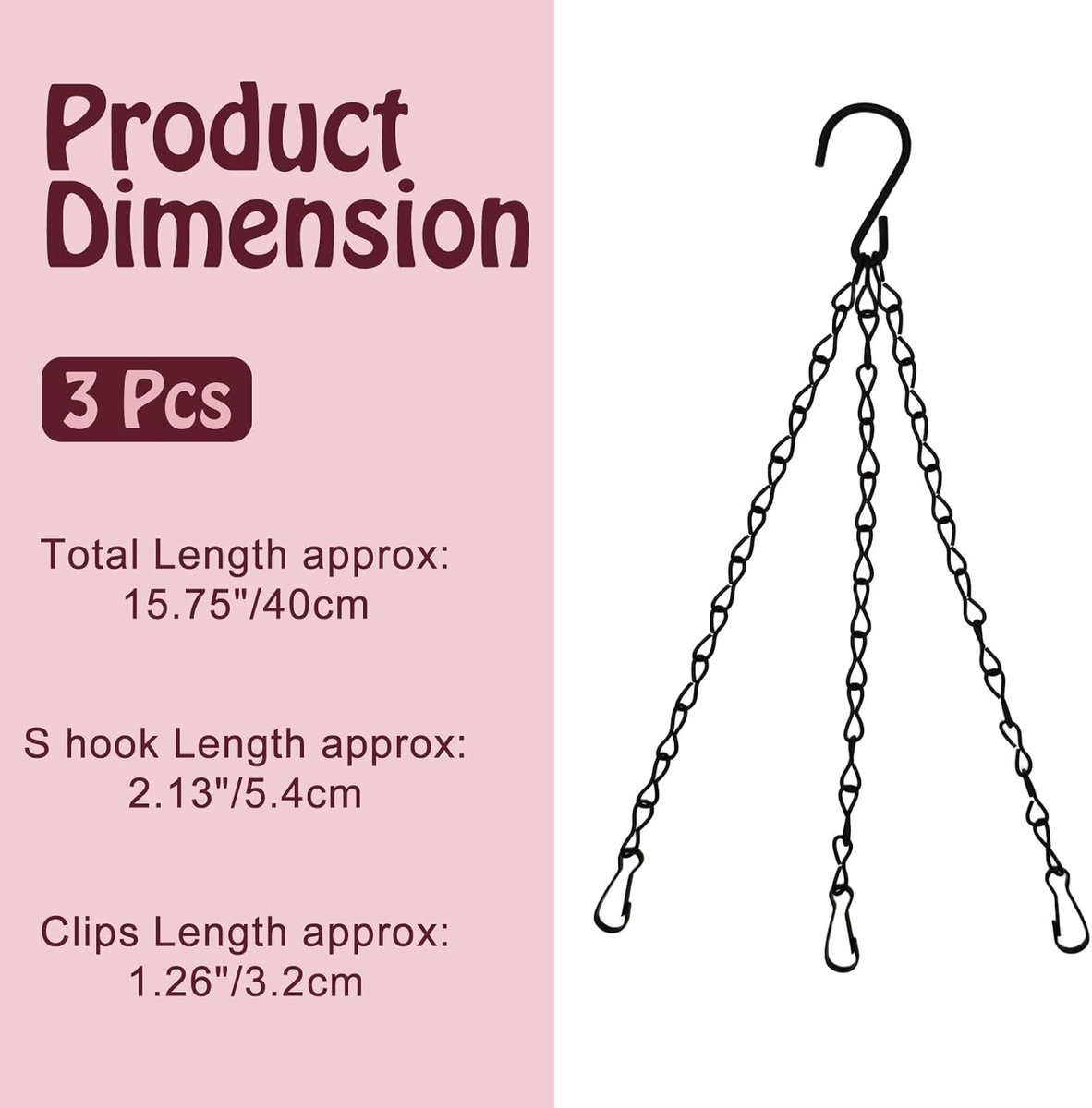 pieces - 16 inch - Plant hanger - Flowerpot hook - Lantern hook - Garden hook - Plant hook - hanging basket chains - with 3 chains - black chain with hooks - for hanging plants and flowerpots - 40 cm - black - Image 5