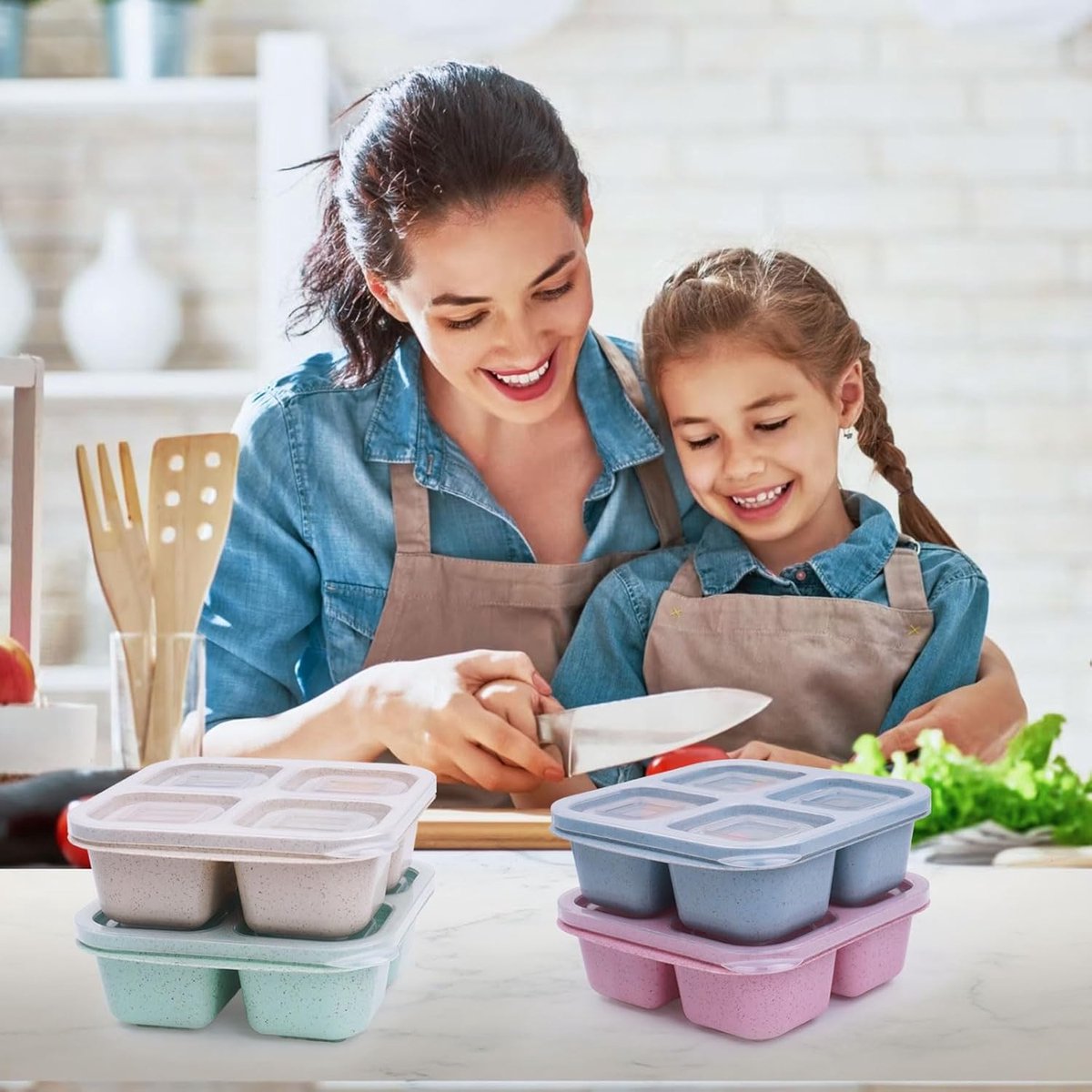 4-Piece Snack Boxes - Lunch Box - Bento Box - Divided Bento Boxes - Lunch Box - Salad Lunch Box - 4 Compartment Reusable Lunch Boxes - Sauce Container - For Children and Adults, Food Containers - For School, Work, Travel - Image 2