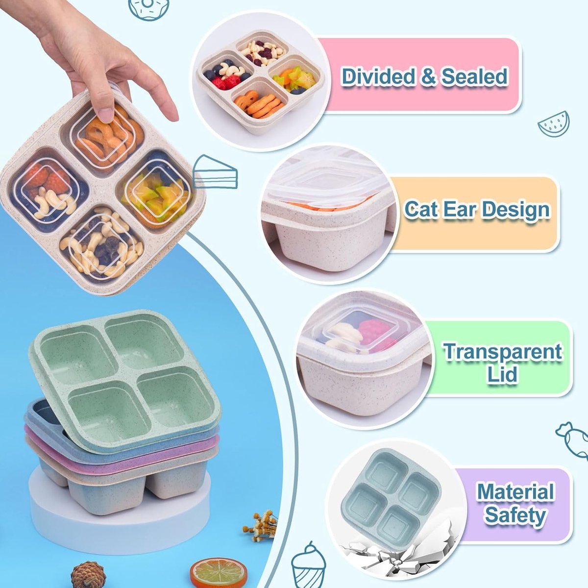 4-Piece Snack Boxes - Lunch Box - Bento Box - Divided Bento Boxes - Lunch Box - Salad Lunch Box - 4 Compartment Reusable Lunch Boxes - Sauce Container - For Children and Adults, Food Containers - For School, Work, Travel - Image 3