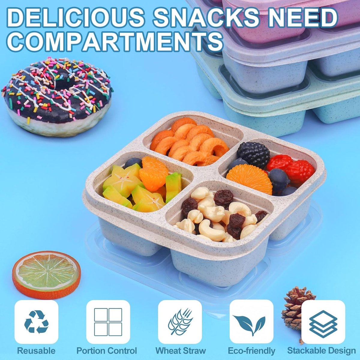4-Piece Snack Boxes - Lunch Box - Bento Box - Divided Bento Boxes - Lunch Box - Salad Lunch Box - 4 Compartment Reusable Lunch Boxes - Sauce Container - For Children and Adults, Food Containers - For School, Work, Travel - Image 5