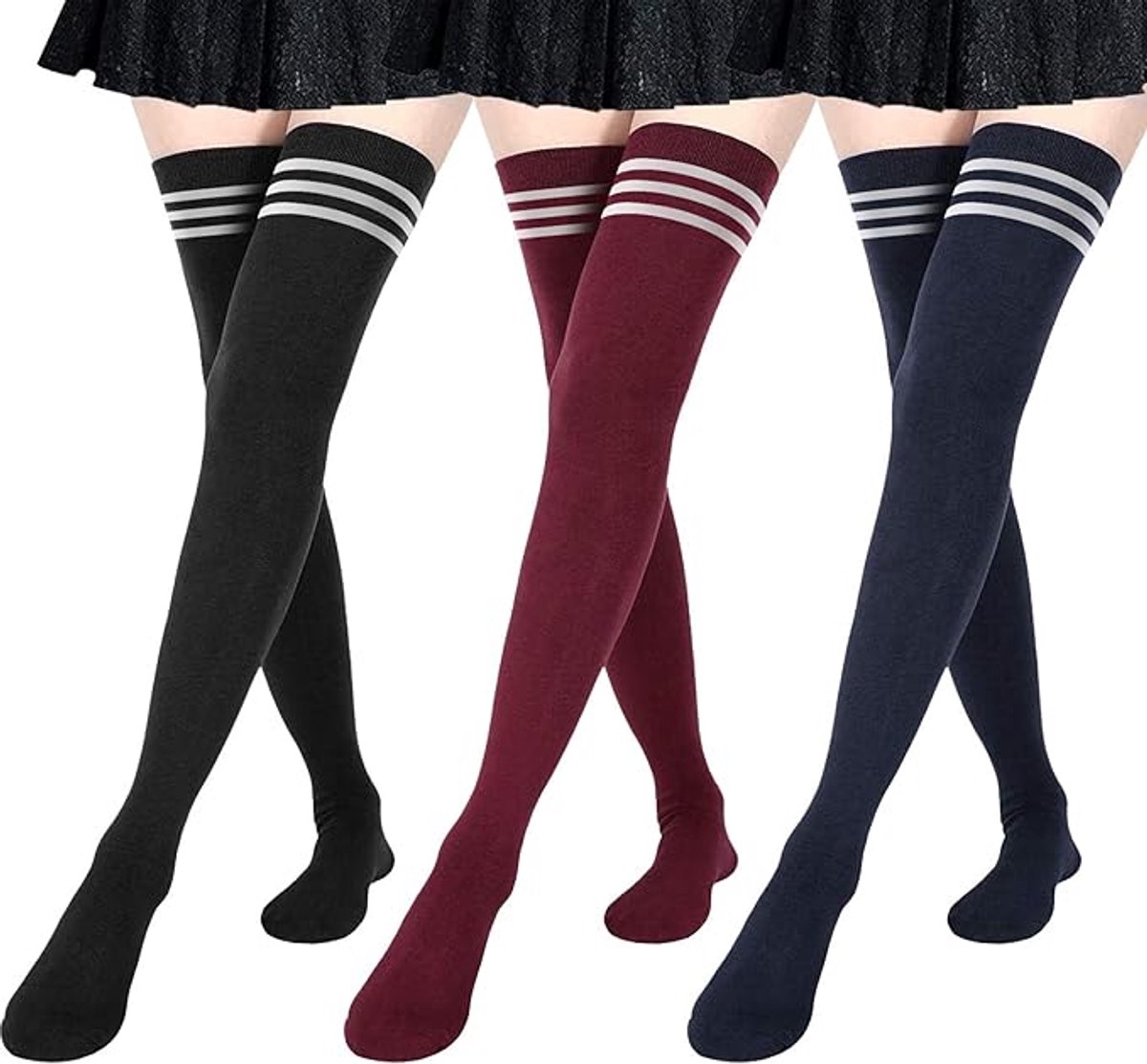 women's knee socks - 3 Pairs - Knee socks - knee socks for women - overknee socks - Sexy socks - girls' knee socks - striped socks - Black/Red/Blue - Image 1