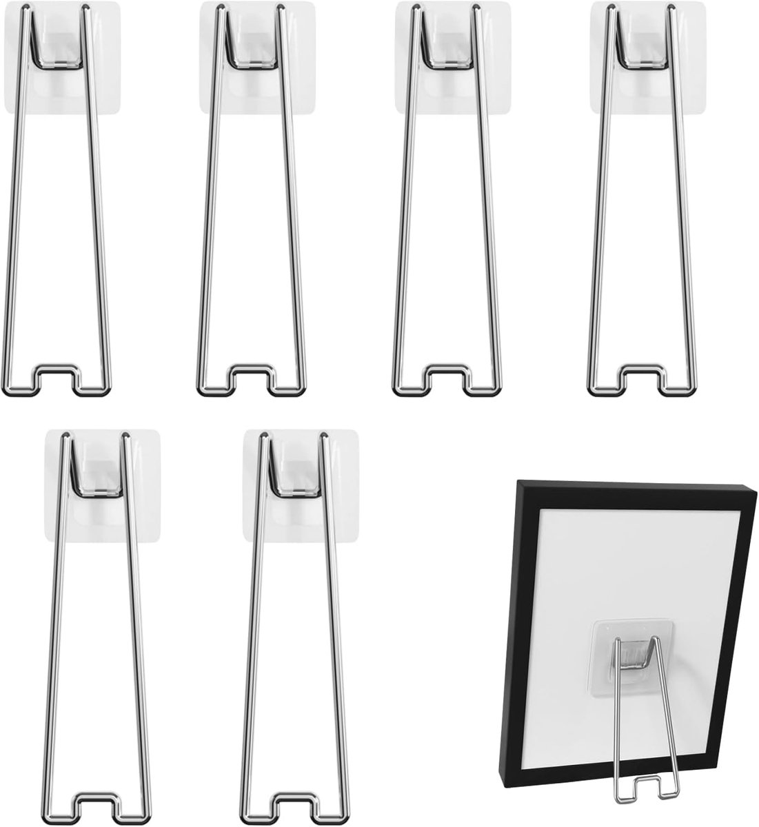6 pieces - Photo Frame Stand - 13 cm - Photo Stand - Stainless steel photo frame stands - photo frame easel holder - self-adhesive photo stand - display stand - storage rack - hook - suitable for photo frames of 15-26 cm - silver - Image 1