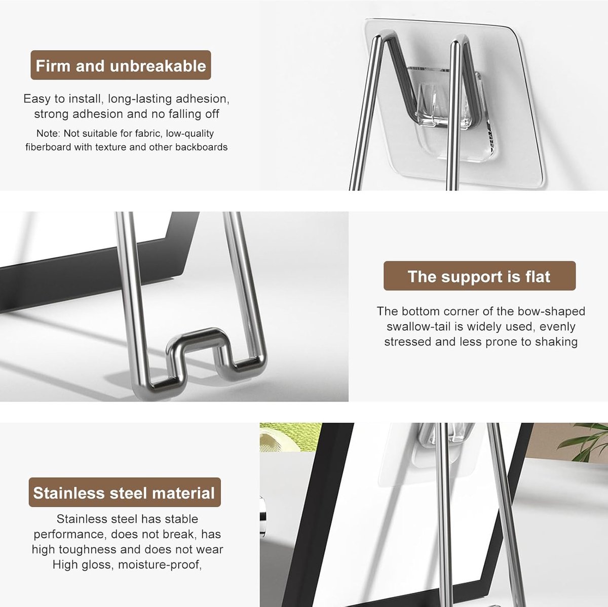 6 pieces - Photo Frame Stand - 13 cm - Photo Stand - Stainless steel photo frame stands - photo frame easel holder - self-adhesive photo stand - display stand - storage rack - hook - suitable for photo frames of 15-26 cm - silver - Image 2