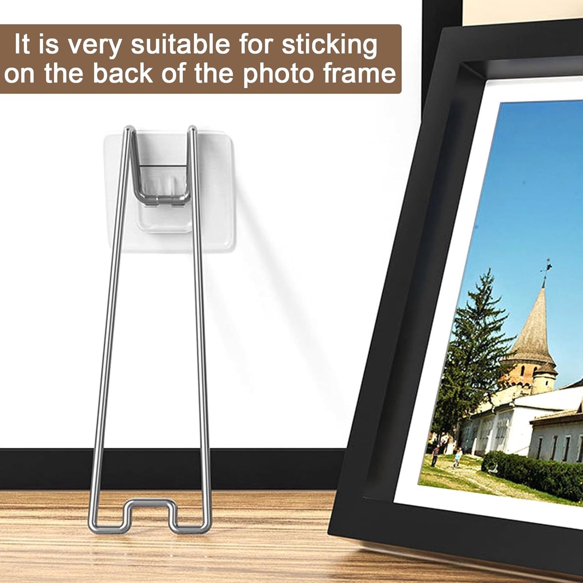 6 pieces - Photo Frame Stand - 13 cm - Photo Stand - Stainless steel photo frame stands - photo frame easel holder - self-adhesive photo stand - display stand - storage rack - hook - suitable for photo frames of 15-26 cm - silver - Image 4