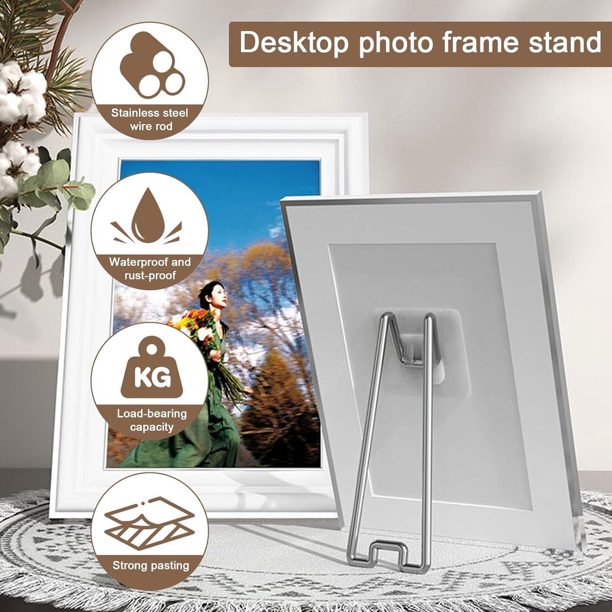 6 pieces - Photo Frame Stand - 13 cm - Photo Stand - Stainless steel photo frame stands - photo frame easel holder - self-adhesive photo stand - display stand - storage rack - hook - suitable for photo frames of 15-26 cm - silver - Image 6